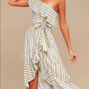 Lulu's yellow / white High Tide Stripe One Shoulder Wrap midi Dress XS